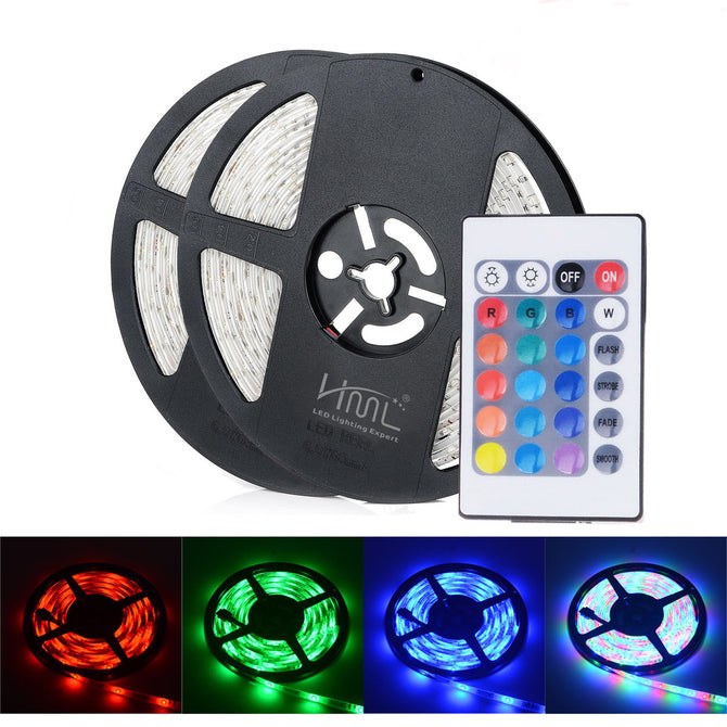 2pcs IP65 HML 5m 24W 300 SMD 2835 RGB LED Strip Light with 24 Keys Remote Controller