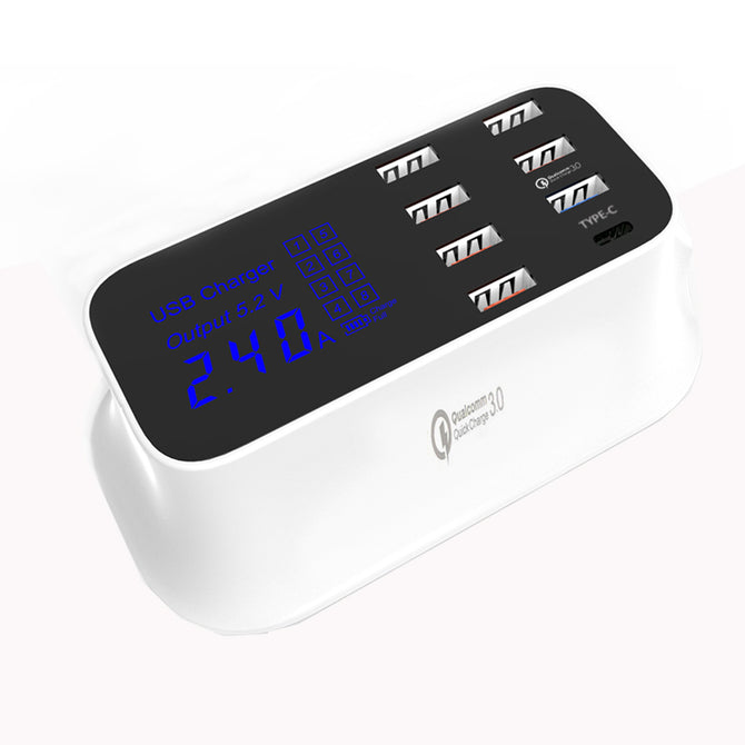 QC3.0 40W 8-USB Type-c Intelligent Rechargeable Power Socket Charger Hub with Display (EU Plug)