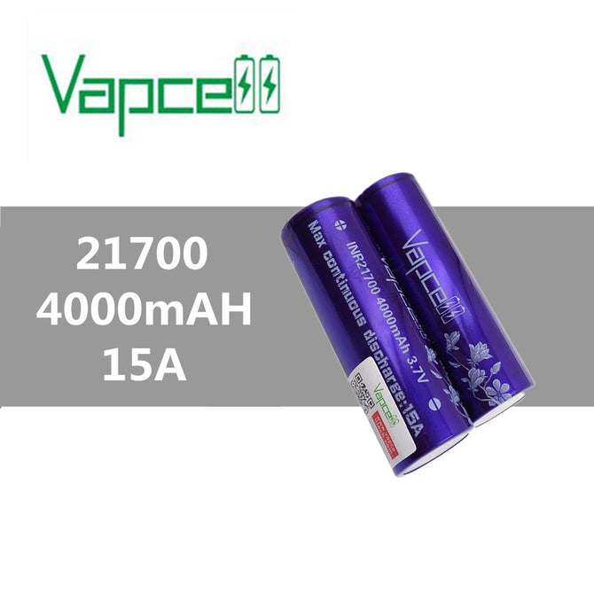 VAPCELLl INR21700 4000mAh 15A High Capacity 3.7V Lithium Battery (2 PCS)