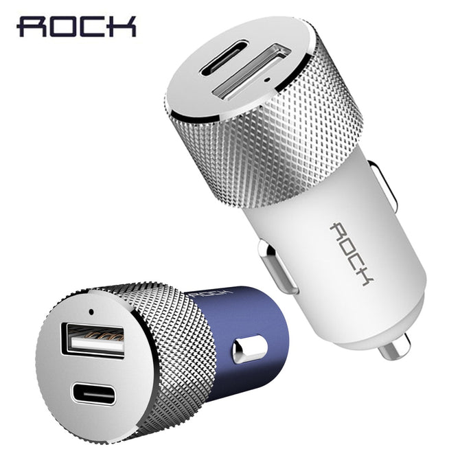 ROCK Universal Compact Mini Size 3.4A Dual Port USB + Type-C Car Charger Adapter For Mobile Phones, Tablet PC White/Universal