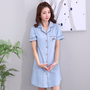 Female Cotton Summer Nightgown Button Charming Short Sleeve Women Sleepwear Nightshirt Medium-Long Loose Night Dress Sky Blue/XXL