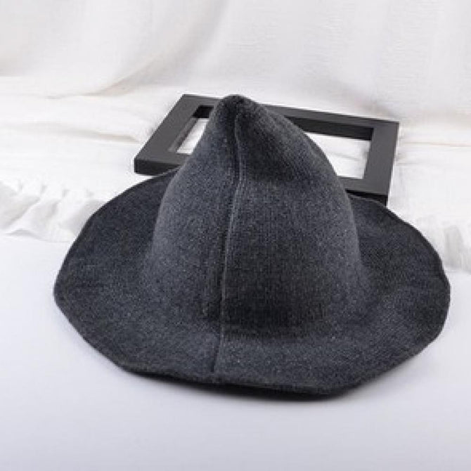 Along theSheep Wool Cap Knitting Fisherman Hat Female Fashion Witch Pointed Basin Bucket Hat Accessories Dark Grey