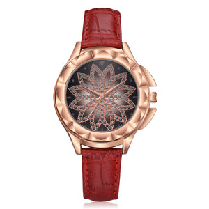 Fashion Flower Pattern Diamond Dial Women\'s Quartz Watch W/ PU Leather Strap Gold