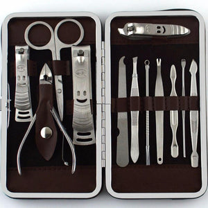 12Pcs Manicure Set Kit, Pedicure Scissor Tweezer Knife Ear Pick Utility Nail Clipper Kit, Stainless Steel Nail Care Tool Chocolate