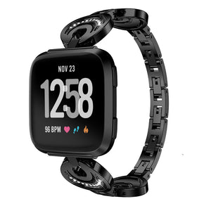 Crystal Stainless Steel Wristwatch Band, Portable Belt Strap with Rhinestones for Fitbit Versa - Black