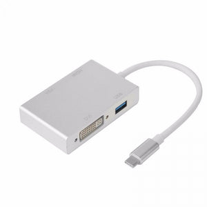 4-in-1 USB 3.1 Type-C Male To DVI (DP Mode Alt) + HDMI 4K + VGA + USB3.0 Female Hub Adapter Silver