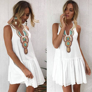 Women's Loose Casual Print Polyester Sleeveless Short Dress - White (XL)