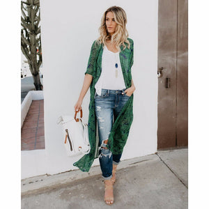 Summer Beach Cover-up Women Long Beach Cardigan Chiffon Leaf Leaves Print Sun Protection Green Loose Bathing Shirt Tops Green/XL