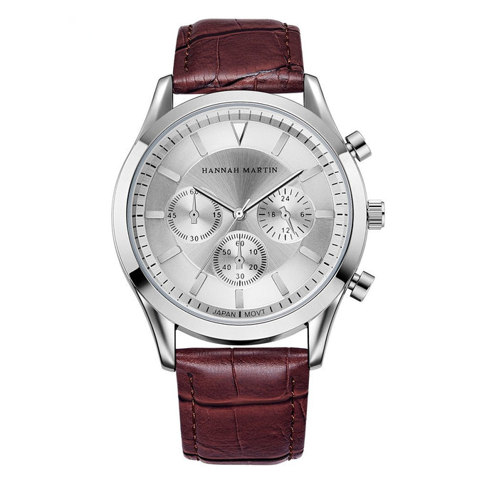 Hannah Martin 303 Men's Quartz Japanese Movement IP Vacuum Plating Leather Strap 3 Decorative Dial 30M Waterproof Casual Watch