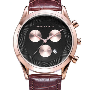 Hannah Martin 302 Men's Quartz Japanese movement Leather Strap 3 Decorative Dial 30M Waterproof Casual Watch Brown + Rose Golden