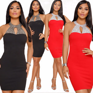 Rhinestone Sexy Wrap Dress Backless Black Red Bodycon Summer Halter Dress Night Club Women Party Dresses Black/M
