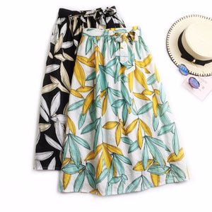 Summer Art Style Casual Cotton And Linen Skirt Floral Plant Print Waist Belt A Line Skirt Dress For Women Green/One Size