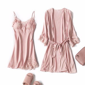 Simulation Silk Pajamas Sexy Lingerie Female Spring And Summer Women Two-Piece Strap Dress + Robe Set Gown Night Dress Red/L