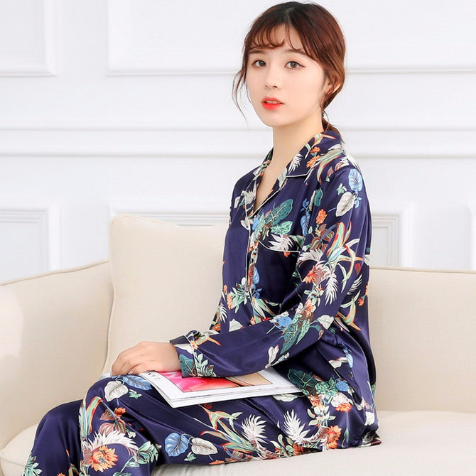 Spring Summer Floral Printed Pajamas Women Sweet Silk Homewear Long Sleeve Tops + Long Pants Trousers Two Piece Suit Blue/XL
