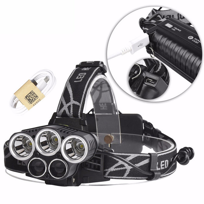 Portable T6 5-LED Super Bright USB Rechargeable Fishing Riding Headlamp Head Light For Outdoors White/Black