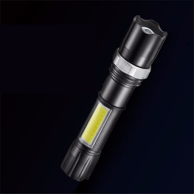 Portable Super Bright COB LED Zooming Flashlight With Side Light, USB Rechargeable Mini Tactical Torch White/Black