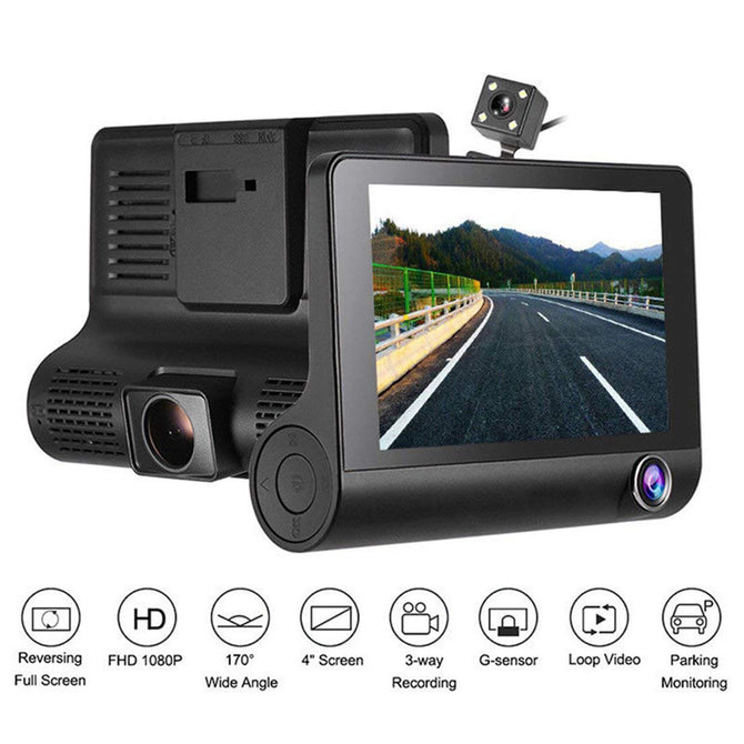 4 Inch Full HD 1080P Car DVR Dash Cam Camera Three Lens Camcorder Support G-sensor / Motion Detection / Loop Recording