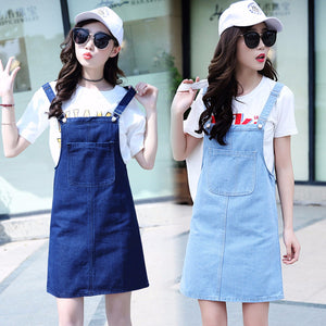 Summer Women Denim Dress Sundress Casual Loose Overalls Dresses Female Solid Adjustable Strap Jeans Dress Sky Blue/S