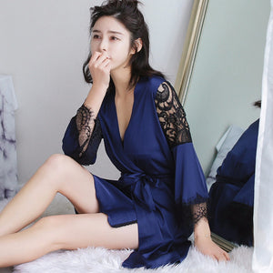 Elegant Women\'s Pajamas Artificial Silk Nightwear Lace V Neck Sexy Nightgown Homewear Black/M