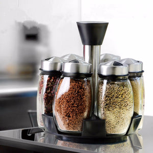 7pcs Condiment Set Pepper And Salt Cruet Glass Kitchen Spice Rack Set 6pcs Jars + 1pc Stand, Cooking Tools High Quality Clear