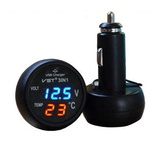 ESAMACT Car 3 in 1 Multifunction Car USB Charger Thermometer Voltmeter Digital Meter Monitor USB Charger for Mobile Phone - Blue