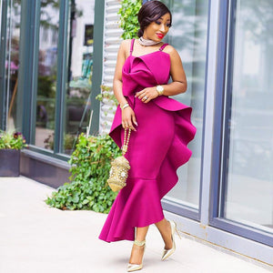 Fashion Spaghetti Strap Sling Ruffles Ankle-Length Mermaid Dress, Asymmetrical Sexy Party Dress Fuchsia/XL