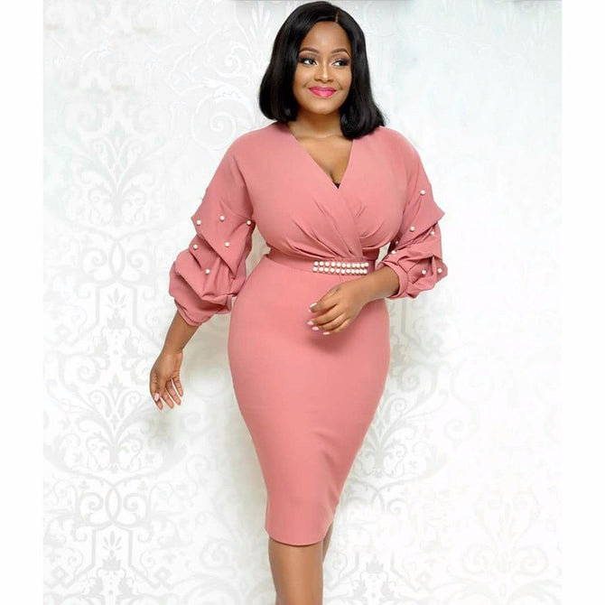 Spring Autumn Women\'s Clothes, Fashion Show Multi-layered V-Neck Beaded Wavy Sleeve Commuter Dress, Fashion Slim Dress Pink/XXL