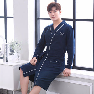 Spring Autumn Sling Men\'s Robe, Long-sleeve Cotton Bathrobe, Loose Plus Size Strap Sleepwear Pajamas Blue/L