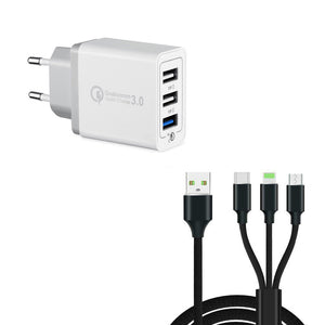 30W 3-Port Fast Quick Charge QC 3.0 USB Wall Charger + 3 in 1 Type-C + 8 Pin + Micro USB Data Charging Cable