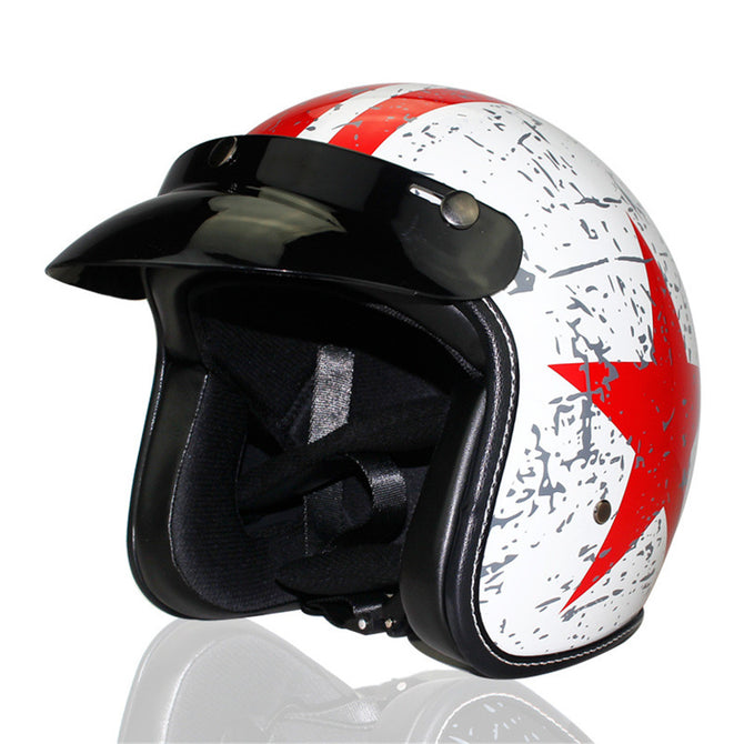 HakkaDeal Stripe + Star Pattern Vintage Retro Harley Motorcycle Helmet - Red + White + Black (S)