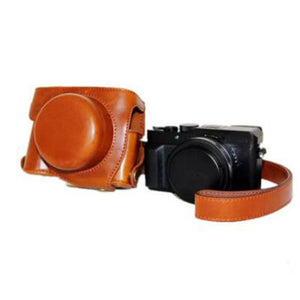 JEDX PU Leather Camera Bag Protective Shell with Strap for Panasonic LX100 - Coffee