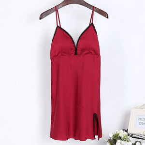 Sexy Lace Ice Silk Sling Lingerie Nightdress Strap Strapless Women Sleepshirt New Sleeveless Knee-Length Dress Red/L