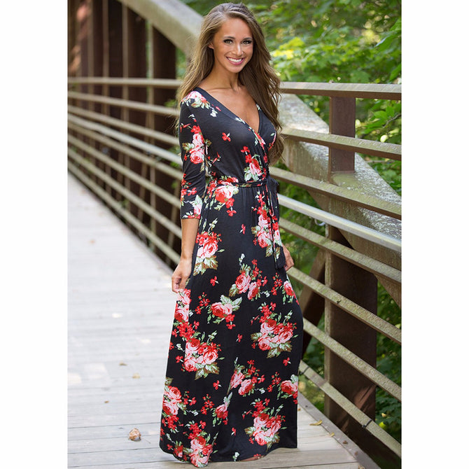 Women Long Maxi Dress, V-neck Three Quarter Sleeve Floral Print Ethnic Autumn Beach Stylish Dress W/ Belt Strap Sky Blue/M