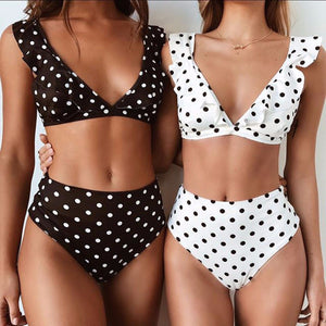 Dotted Print Bikini Lace Summer Bikini Swimsuit Hanging Swimwear Sexy Adjustable Backless Bikinis Set Swimsuits White/L