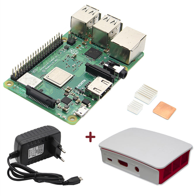 4-in-1 Raspberry Pi 3 Model B+(Plus)  + ABS Case + 5V 3A EU Power Supply (Power Adapter) + Heat Sinks Starter Kits