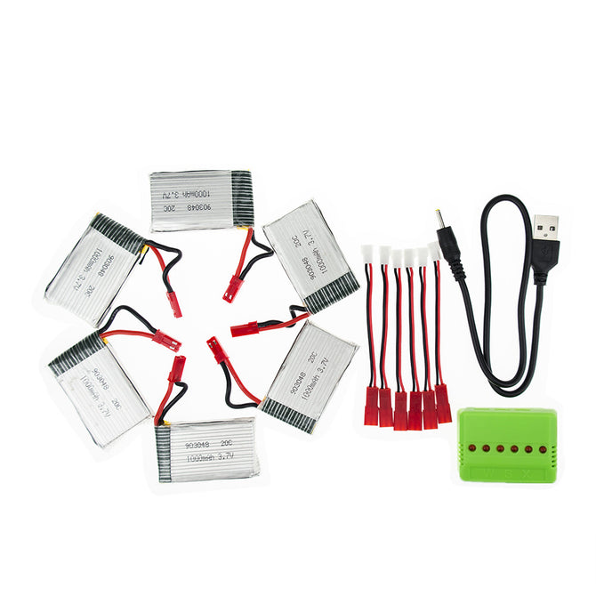 5Pcs 3.7V 1000mAh RC Li-po Batteries with 6 in 1 Charger and Charging Cable for Hubsan H107 SYMA X5C JJRC H8 mini