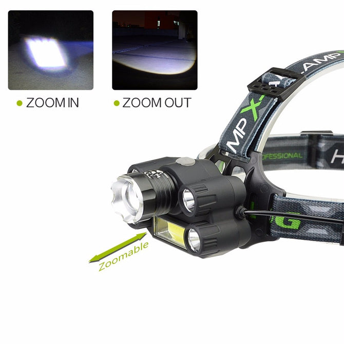 CREE T6 LED+COB Headlight 7 Mode Headlamp Rechargeable Head Flashlight Lamp Frontal Camp Hike Light Cold White/Black