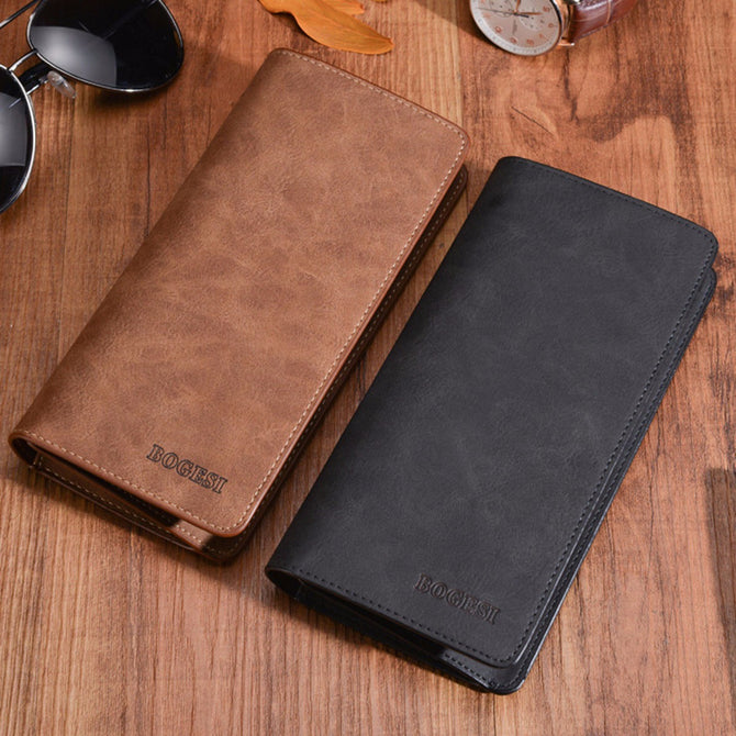 Retro Fashion Men\'s Quality Ultra-thin PU Long Wallet Large Capacity Multi-Card Holder Cash Organizer Coin Purse Black