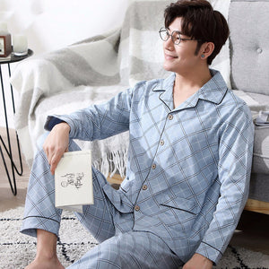Men\'s Pajamas, Autumn Cotton Short Sleeve Top +Long Pants Turn Down Pajamas Sleepwear Set Sky Blue/XL