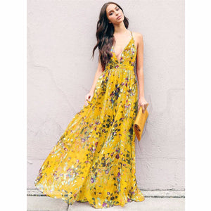 Fashion Style Summer Bohemian Style Floral Long Maxi Spaghetti Strap Empire Dress Beach Dress Sundress Green/S