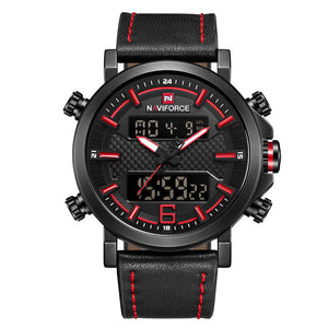 NAVIFORCE 9135 Men's Sports Leather Wrist Strap Analog Digital Quartz Watch - Black + Red (With Gift Box)
