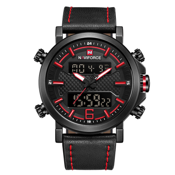NAVIFORCE 9135 Men's Sports Leather Wrist Strap Analog Digital Quartz Watch - Black + Red (With Gift Box)