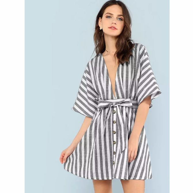 Fashion Deep V Neck Button Front Striped Dress Sexy Stylish Dress For Women Sky Blue/M