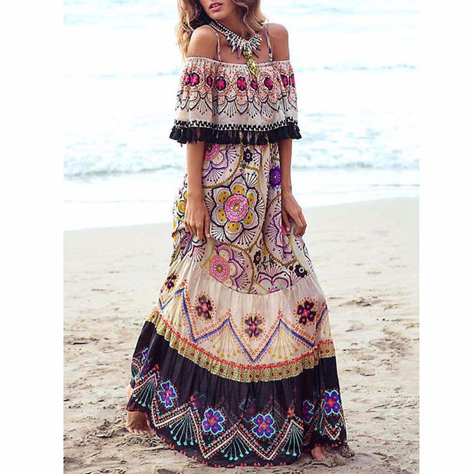 Stylish Bohemia Off-the-shoulder Maxi Dress Sexy Boat Neck Beach Dress For Women Multi/XL