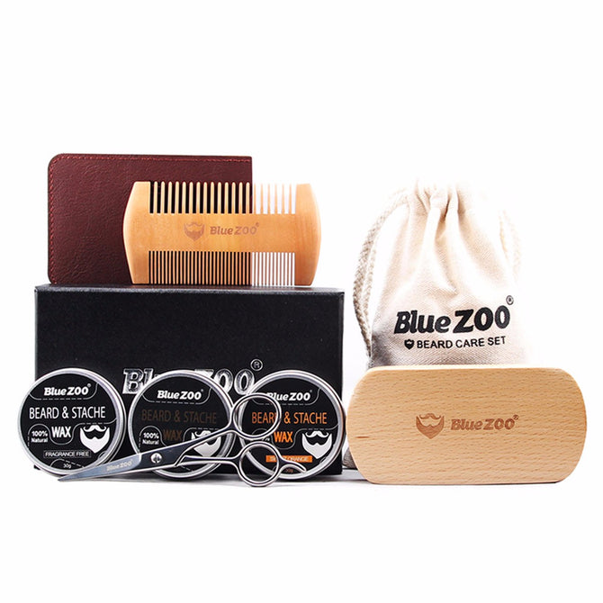 Bluezoo 1Set Beard Care Toiletry Kits Burlywood Double-sided Comb Sets 1 Beard Brush 3 Mustache Oil