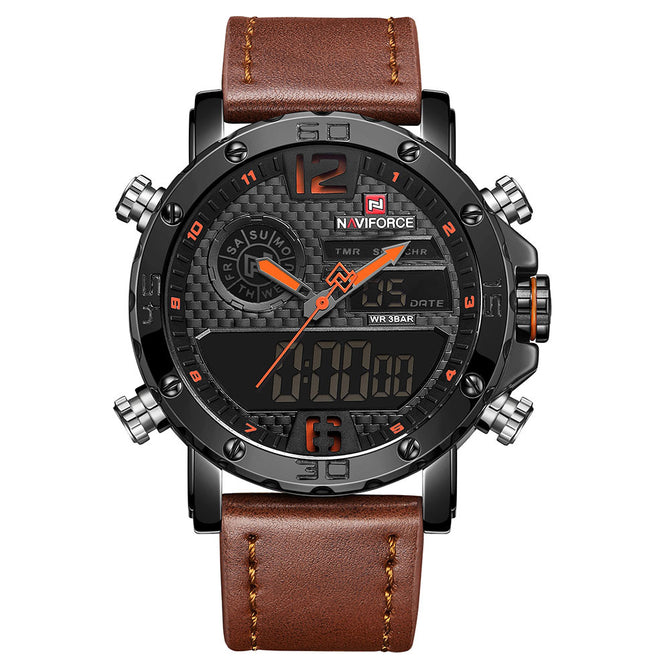 NAVIFORCE 9134 Men's Sports Leather Wrist Strap Analog Digital Quartz Watch - Black + Orange (With Gift Box)