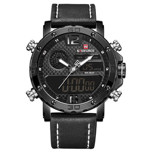 NAVIFORCE 9134 Men's Sports Leather Wrist Strap Analog Digital Quartz Watch - Black + White (With Gift Box)