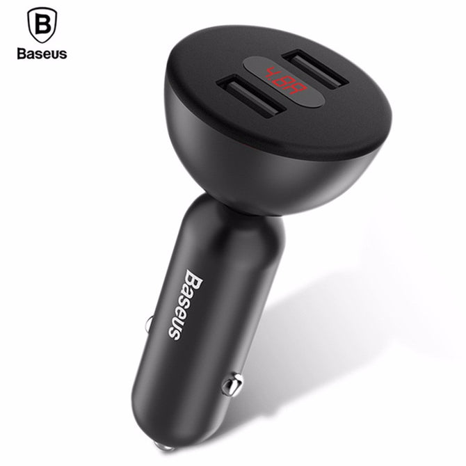 Baseus LED Display 4.8A Dual USB Car Charger Adapter, 360 Rotation Car Phone Charger Car-Charger Black/Universal