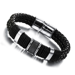 XSUNI Titanium Steel Leather Woven Inverted Magnetic Buckle Leather Bracelet - Black 20cm