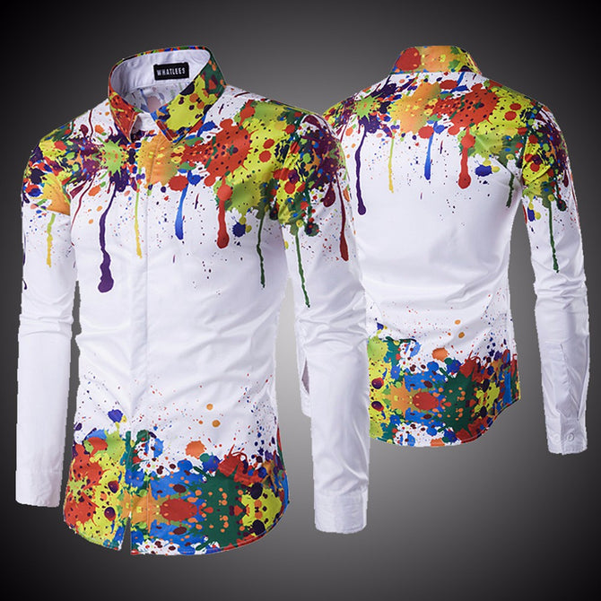 New Fashion Men Shirt Long Sleeve 3d Splash Ink Print Mens Shirts Casual Plus Size Men Shirt White/M